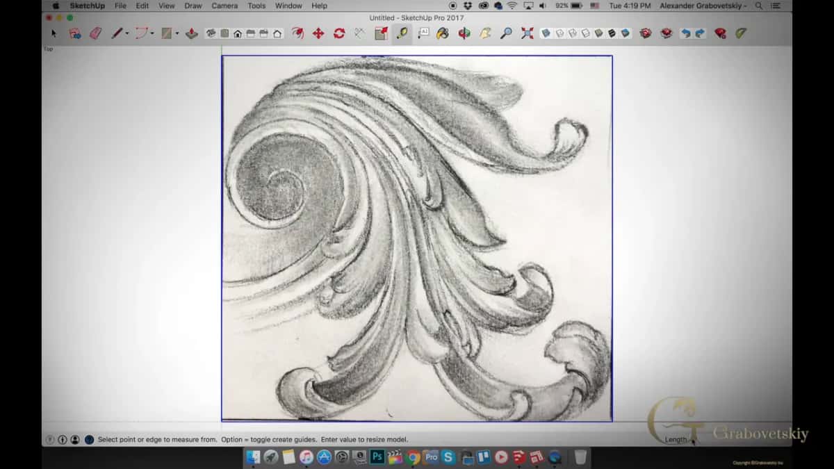 Scroll scaled up to five inches inside a blue selection box in SketchUp