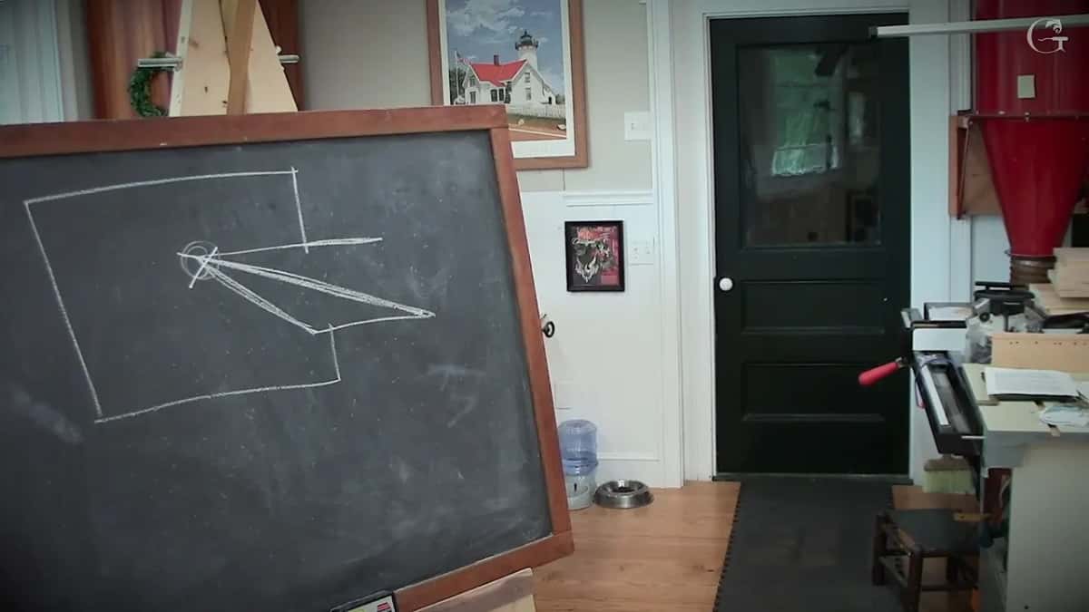Chalk diagram of a long tapering bevel drawn on the board, its tip out at the end