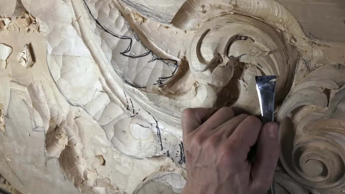 A straight, shiny blade stands upright under the curl.