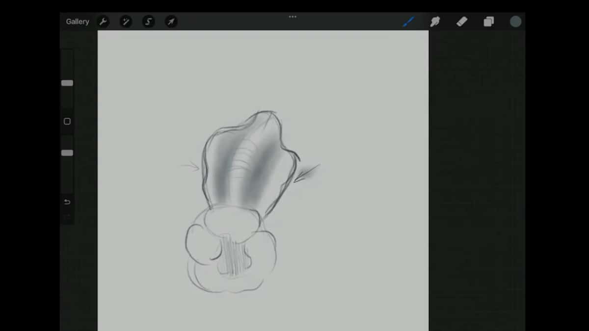 Tablet drawing of a single petal, shaded so the raised spine shows against the hollows either side