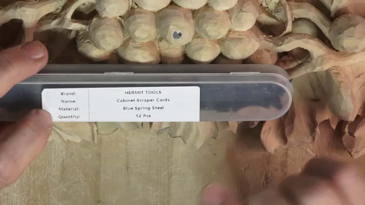 Label reads Hermit Tools, Cabinet Scraper Cards, Blue Spring Steel, 12 Pcs.