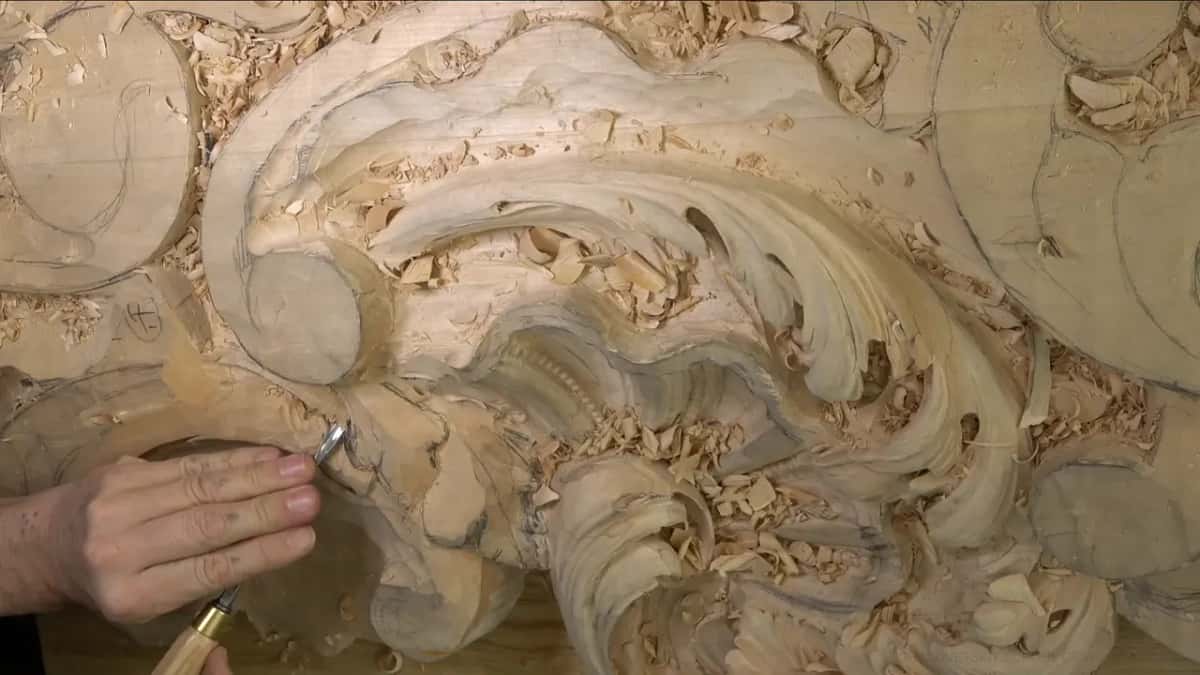 Wood-handled gouge, left edge.