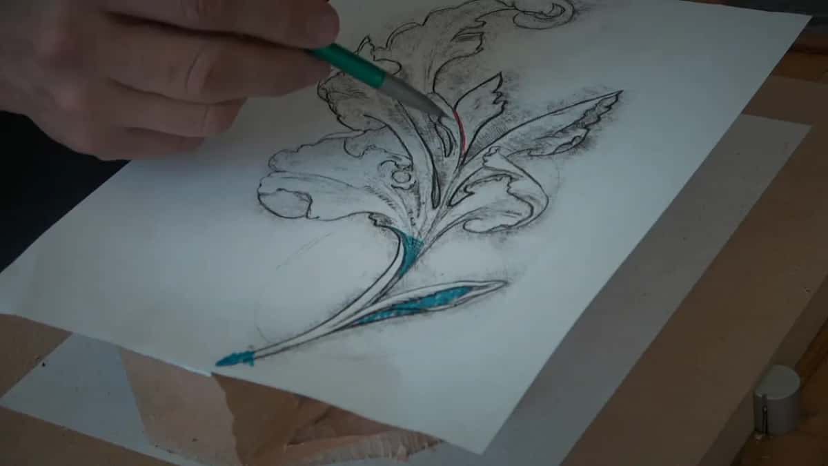 Pencil drawing, blue and red marks
