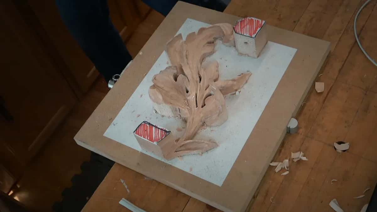Acanthus leaf from straight above on a white board, two red-hatched blocks at its two ends