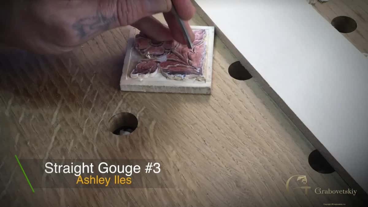 On-screen card reads Straight Gouge #3, Ashley Iles, as the edge stands on the flower