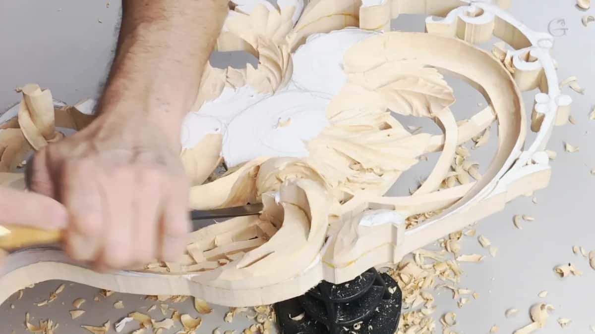 Pierced flower carving, the gouge reaching inside