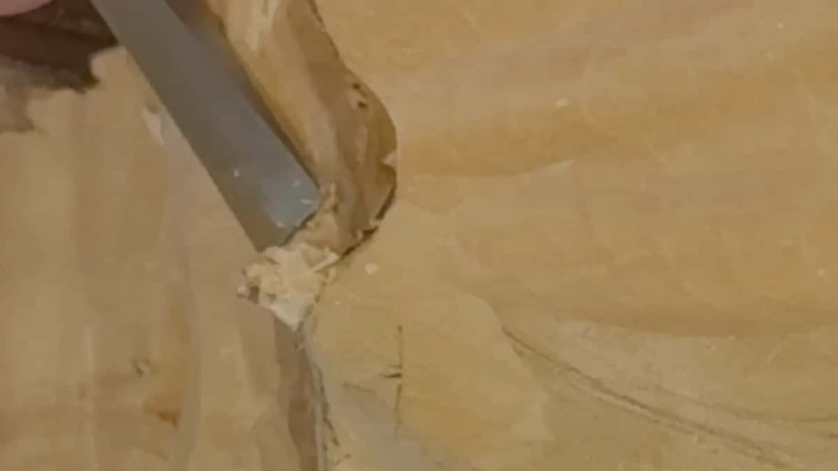Wide blade at the leaf, chips piled under it