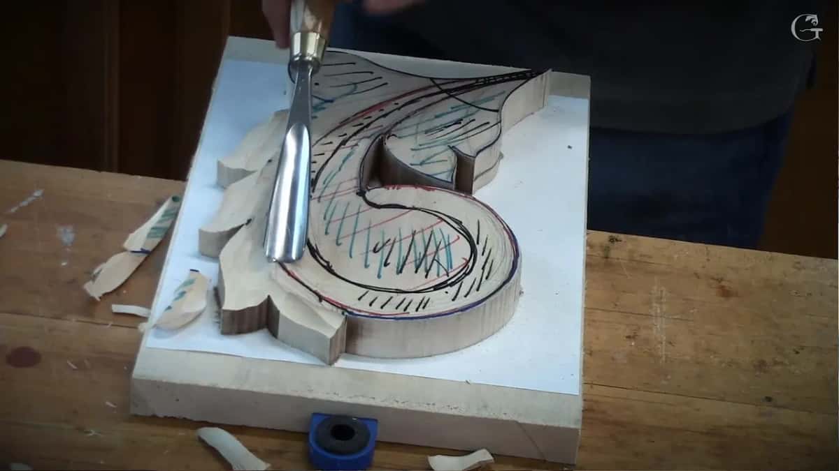 A gouge stands upright on a scroll-shaped block drawn over in red, green and black lines, on a white board