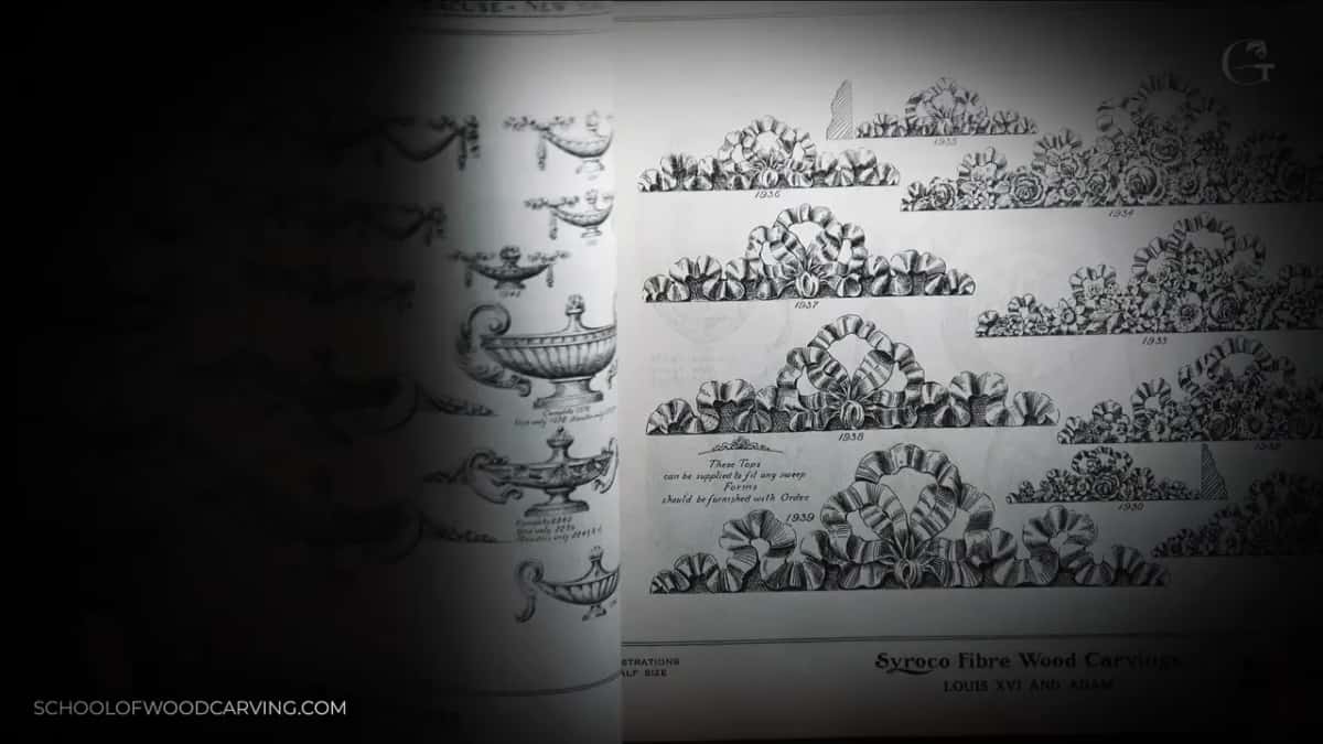 Ribbon and garland crestings fill a plate, with urns printed on the facing page