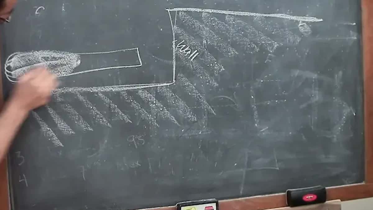 Chalk side view of a V tool beside a straight wall, the background hatched below it