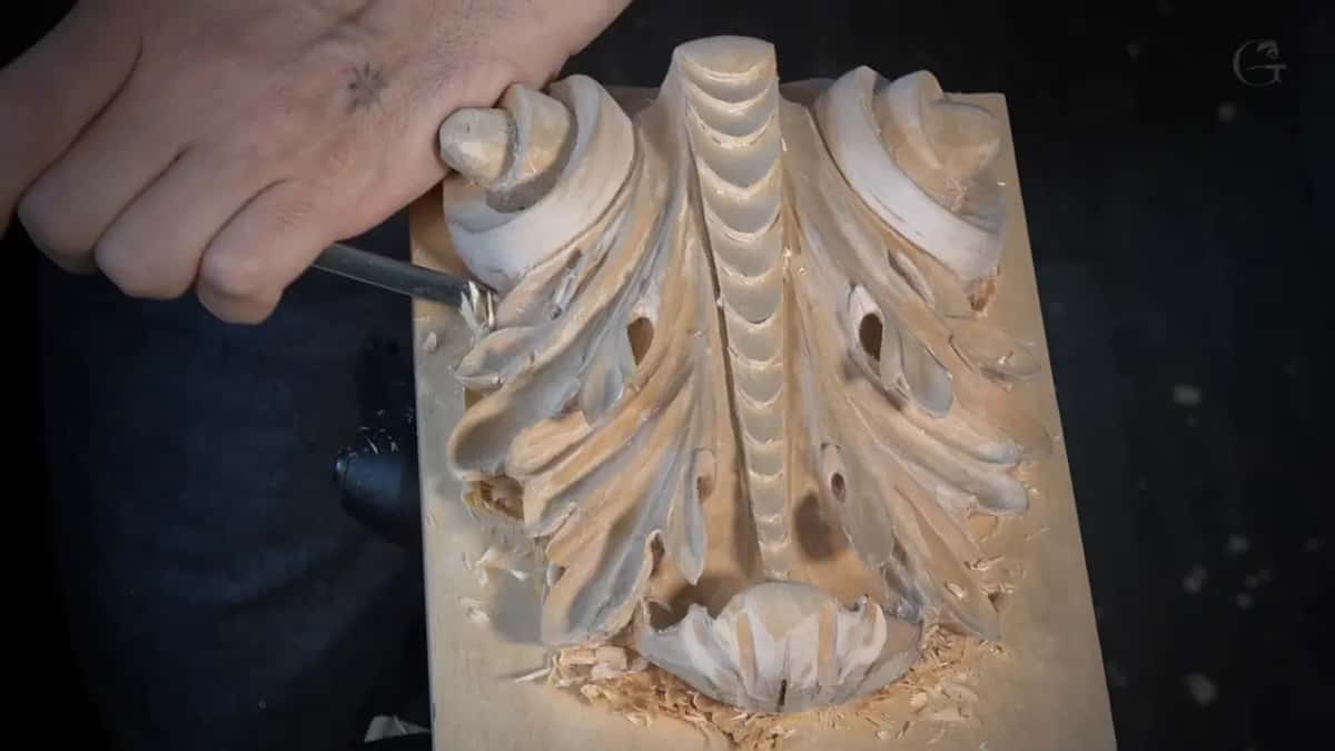 Tool at the side of a Roman acanthus volute